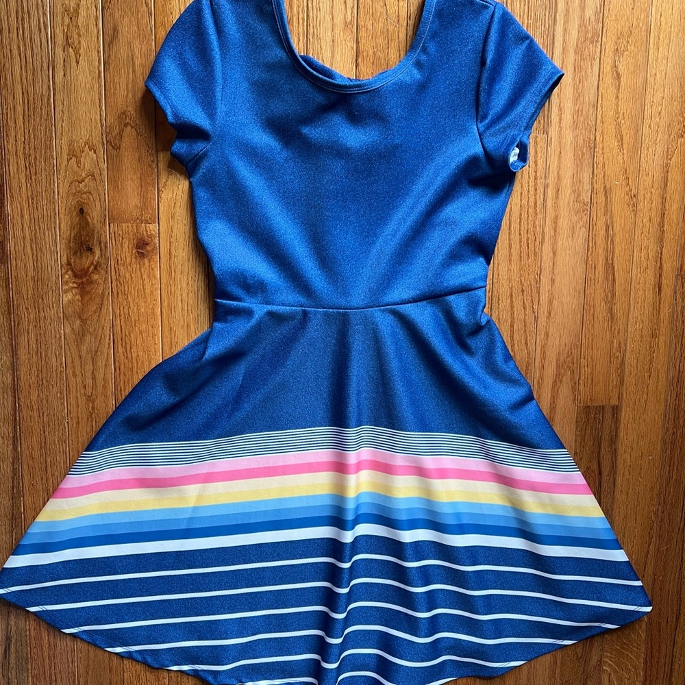 Bonnie Jean Blue Dress with Colorful Stripes girls size 16